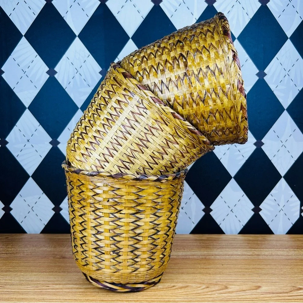 Vintage Woven Basket Set of 3 Primitive Natural‎ Reed Set Rustic Traditional